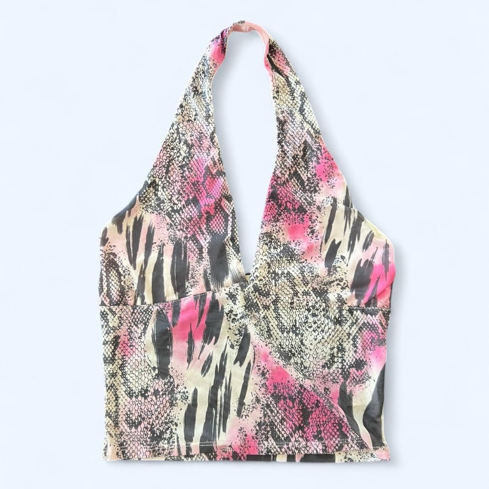 Vintage Y2K Pink Snake-Print Halter Crop Top Size Medium